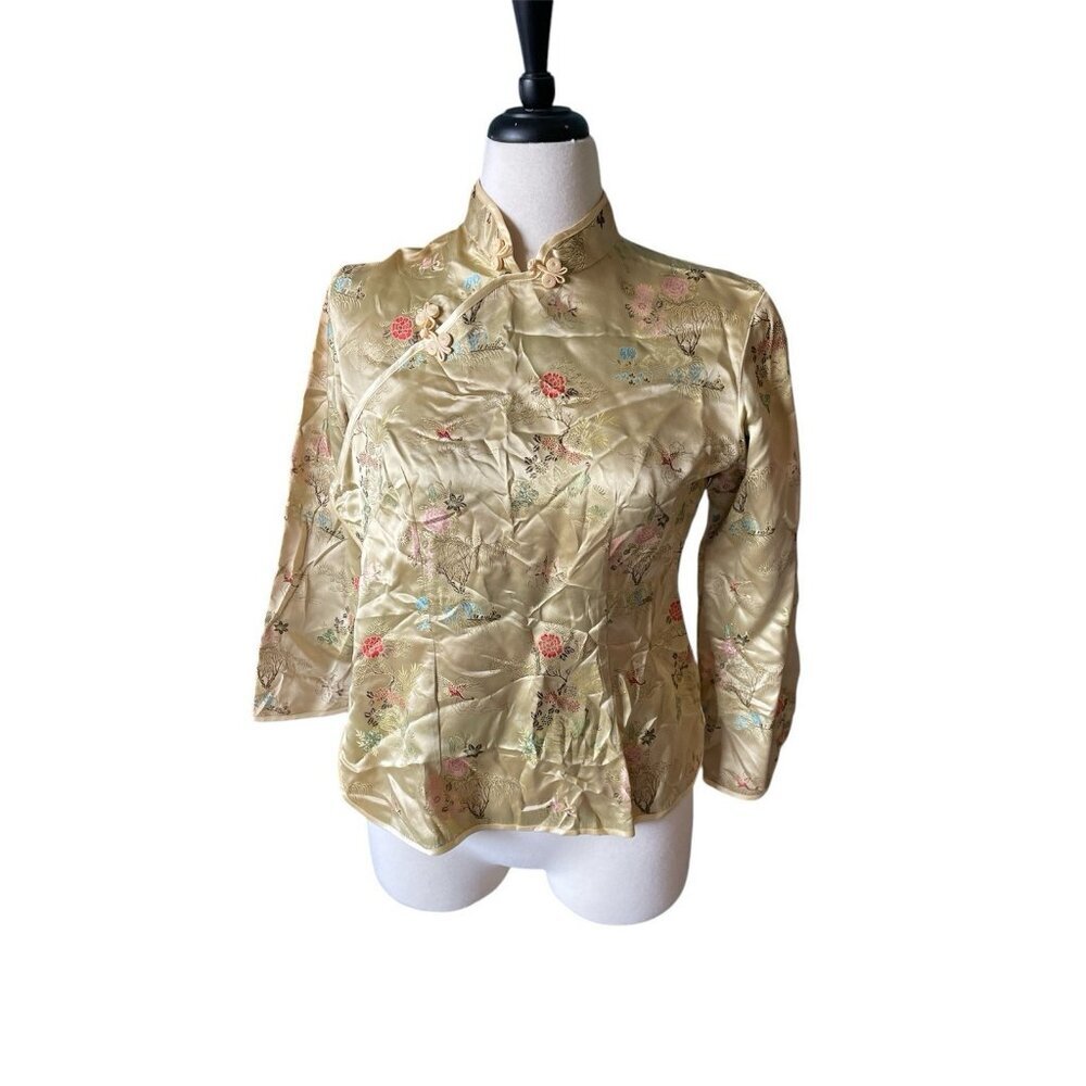 Vintage Gold Floral Embroidered Chinese Silk Jacket With Frog Closures & 3/4 Sle